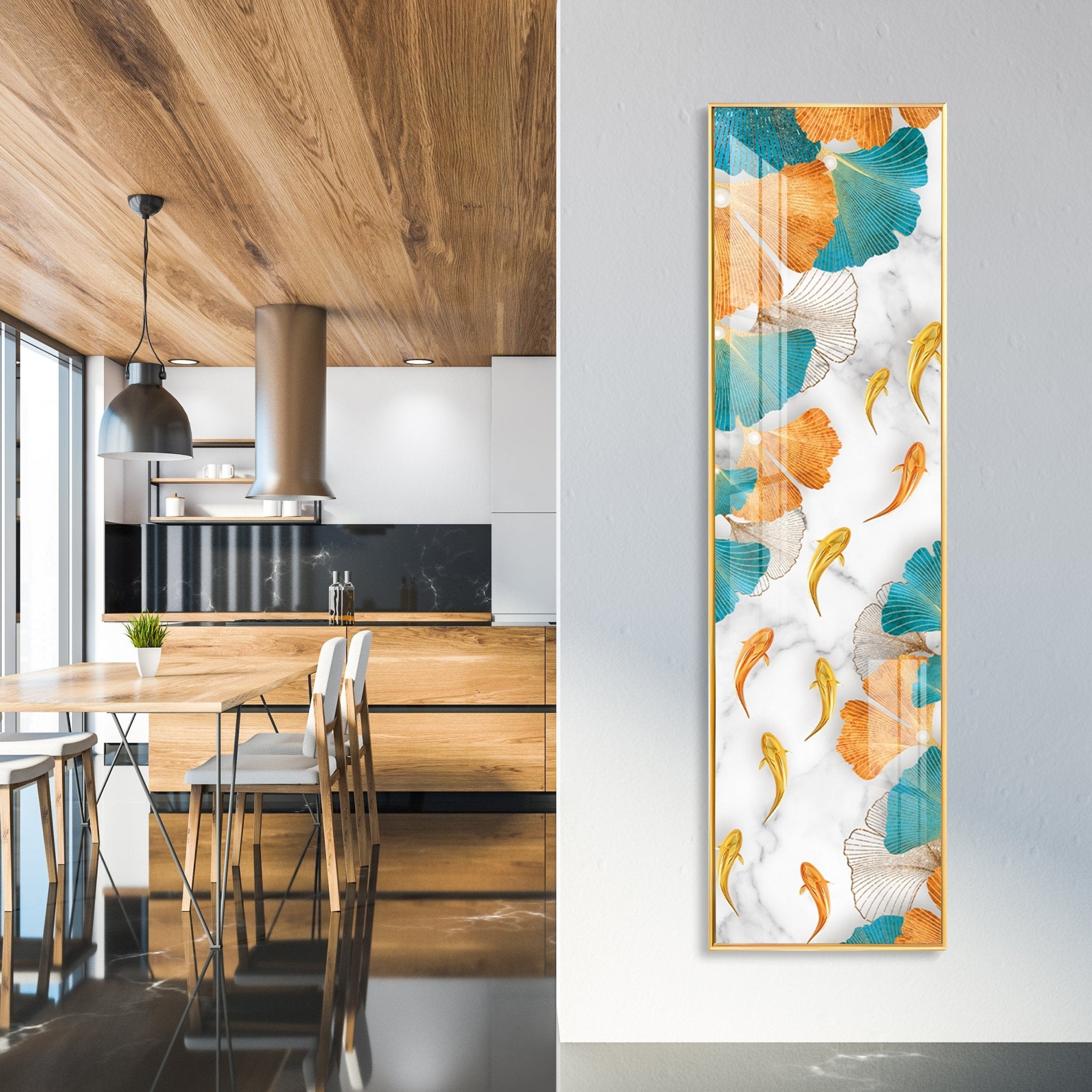 Koi Fish & Ginkgo Biloba Luxury Crystal Vertical Wall Art - The Next Decor