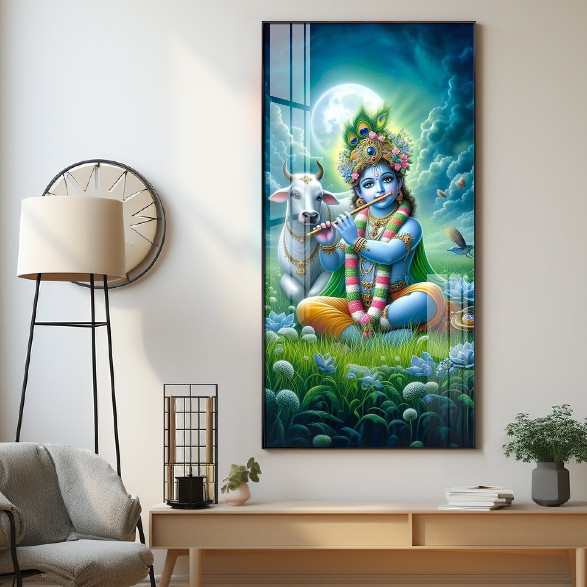 Krishna Playing Flute In Forest Premium Acrylic Wall Art - The Next Decor