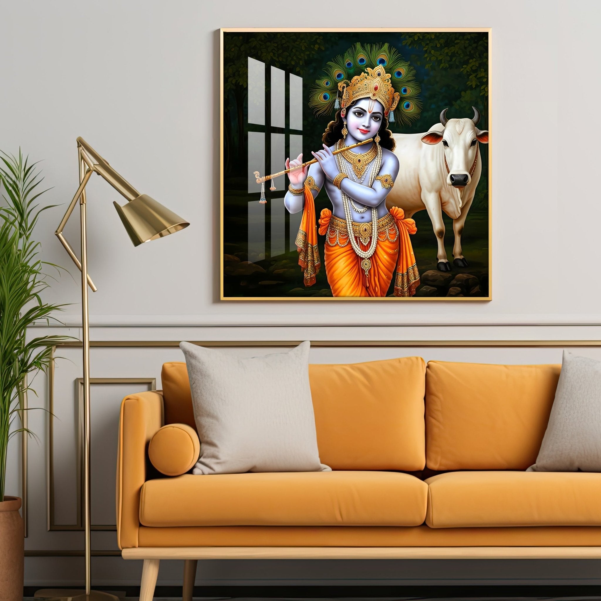 Krishna With The Cow Premium Acrylic Square Wall Art - The Next Decor