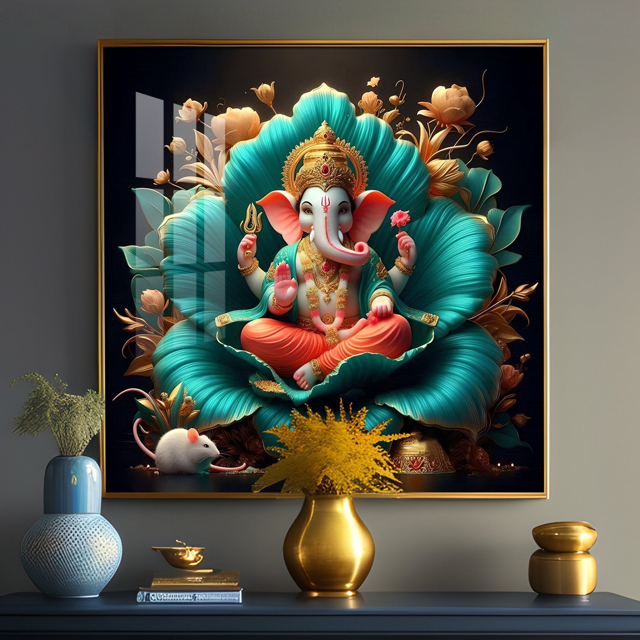 Lord Ganesh Lotus Serenity Premium Acrylic Square Wall Art - The Next Decor