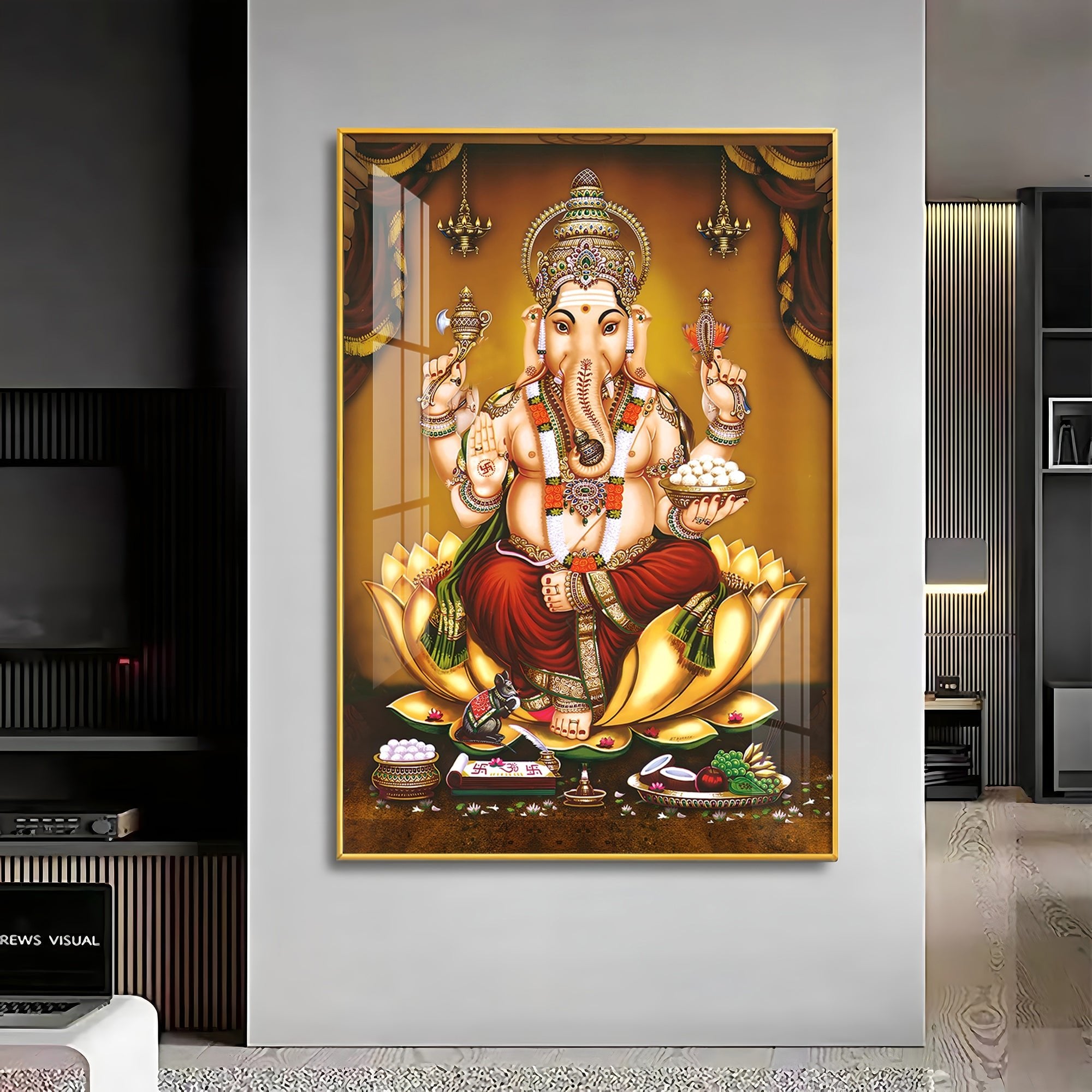 Lord Ganesha On Gold Lotus Premium Vertical Acrylic Wall Art - The Next Decor