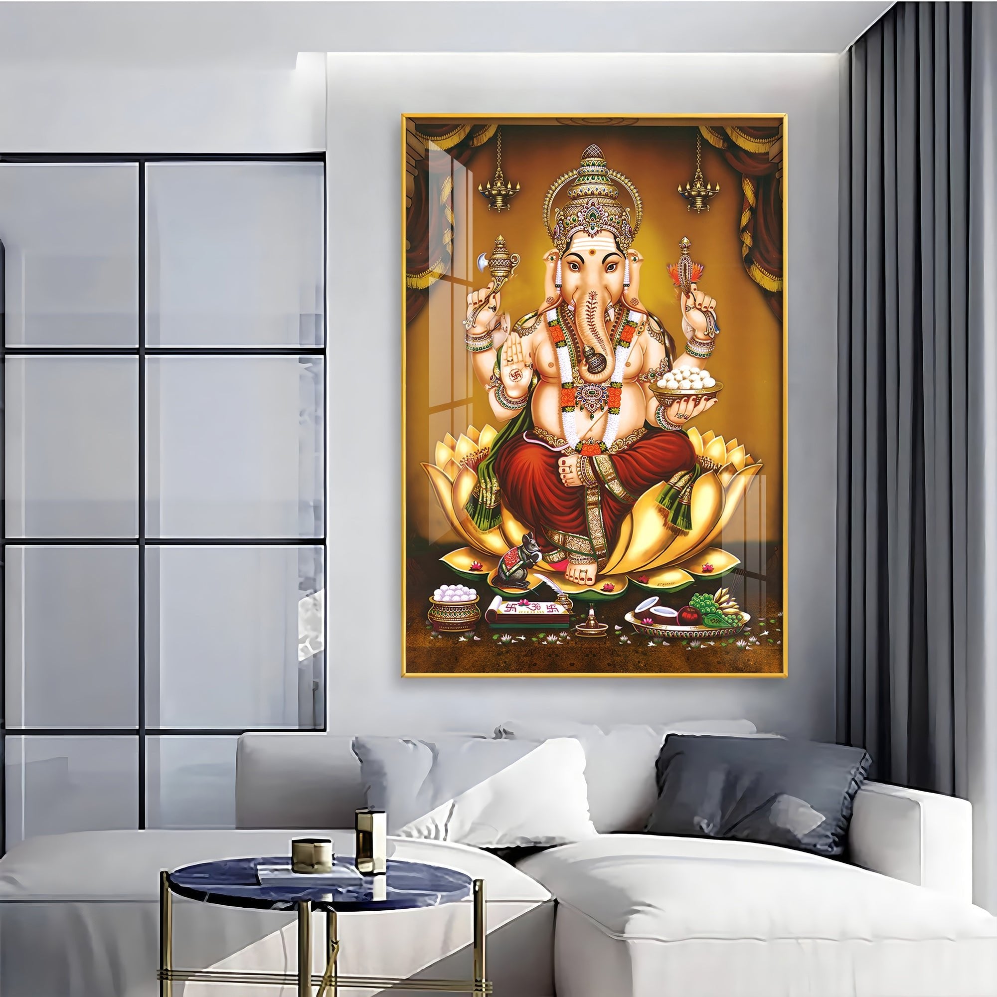 Lord Ganesha On Gold Lotus Premium Vertical Acrylic Wall Art - The Next Decor