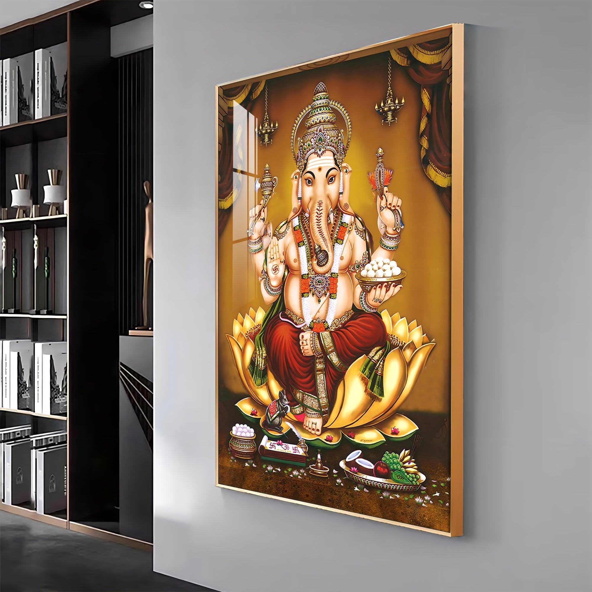 Lord Ganesha On Gold Lotus Premium Vertical Acrylic Wall Art - The Next Decor