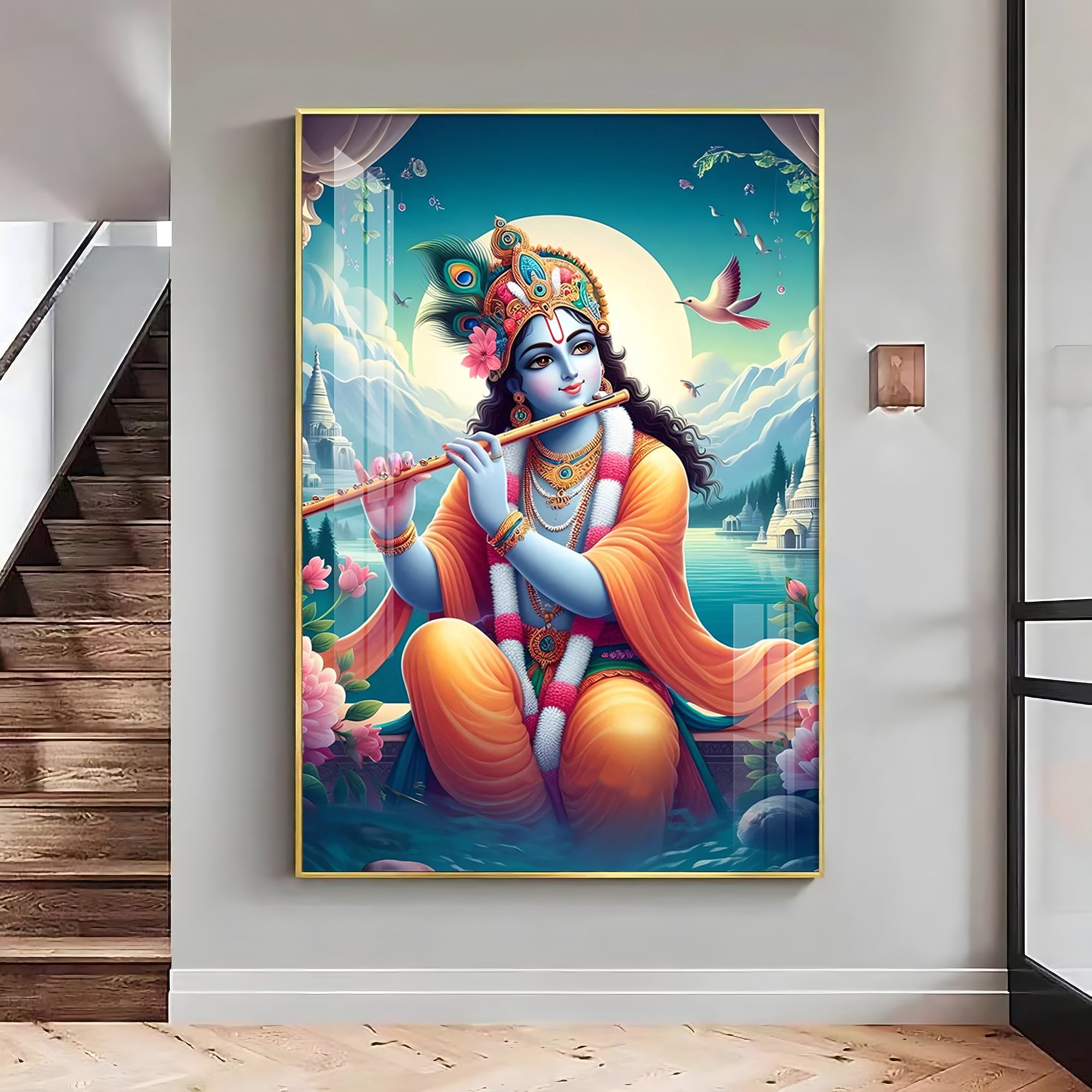 Lord Krishna Devotion Premium Vertical Acrylic Wall Art - The Next Decor