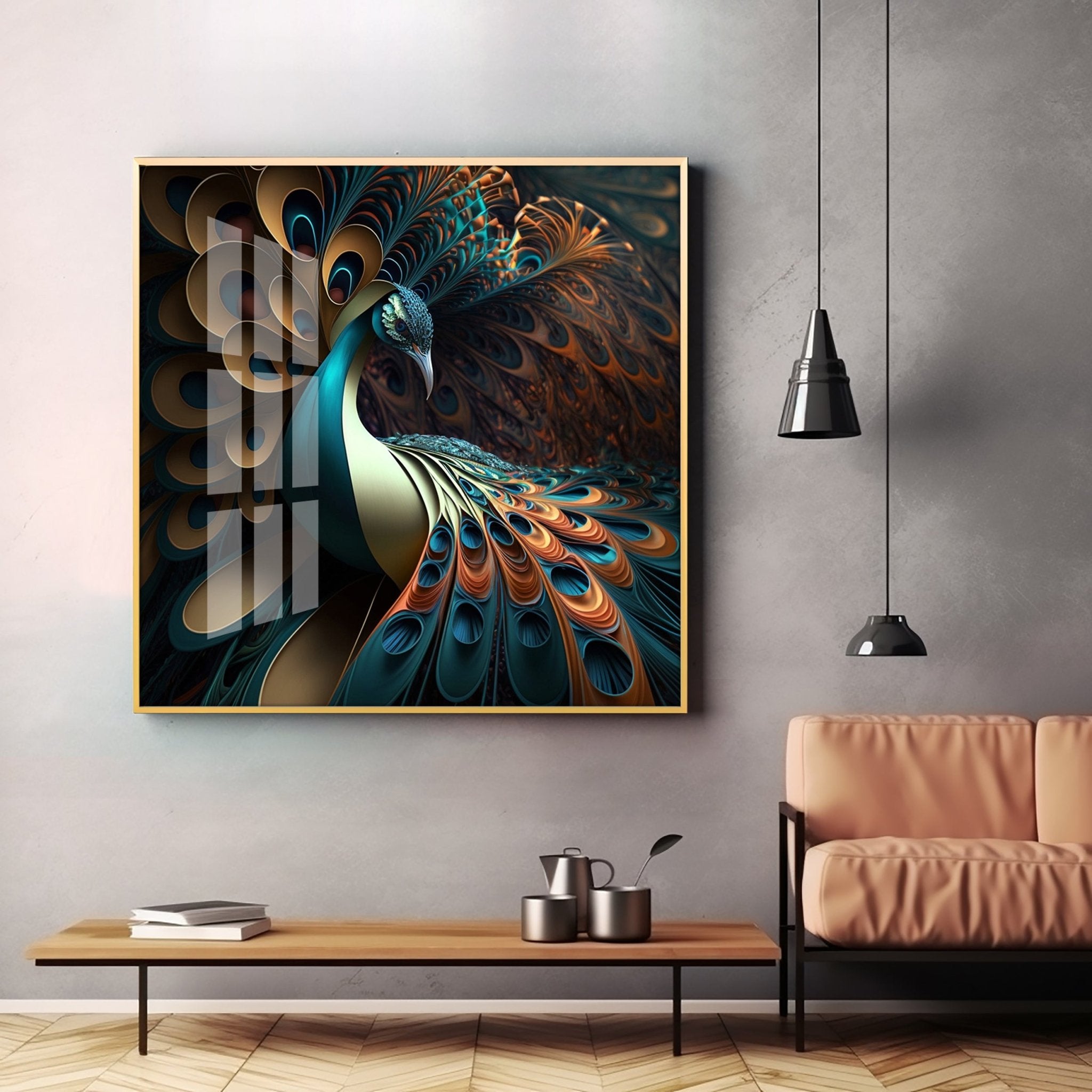 Peacock Is Shown With Large Feather Premium Acrylic Square Wall Art - The Next Decor