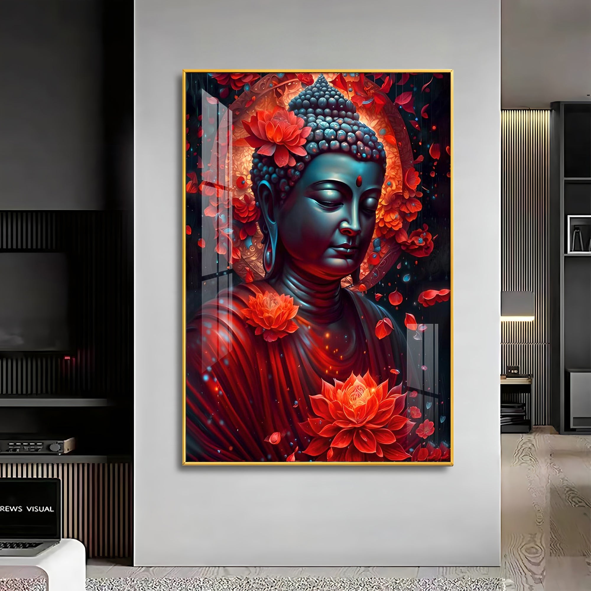 Red Buddha With Lotus Luxury Crystal Vertical Wall Art - The Next Decor