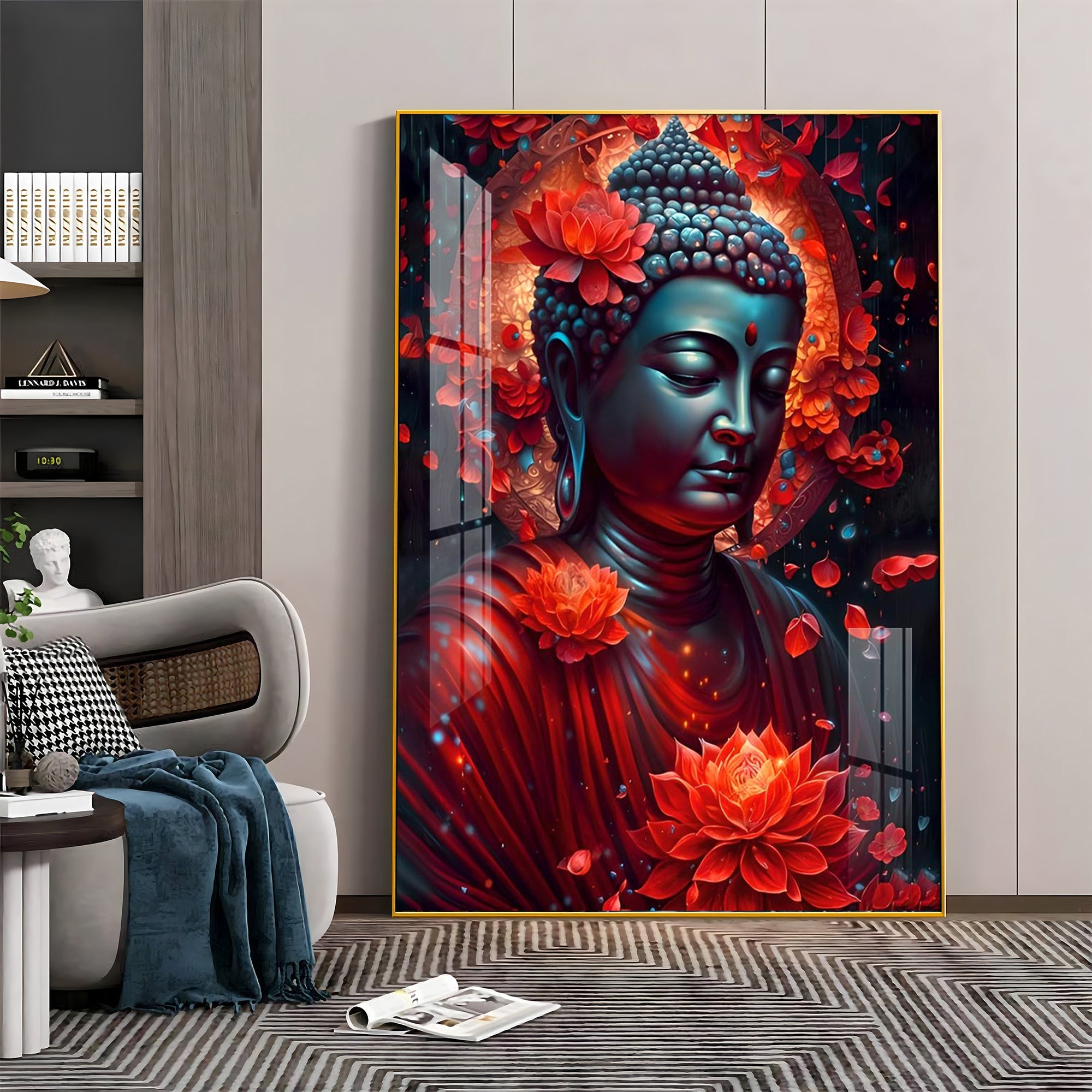 Red Buddha With Lotus Luxury Crystal Vertical Wall Art - The Next Decor