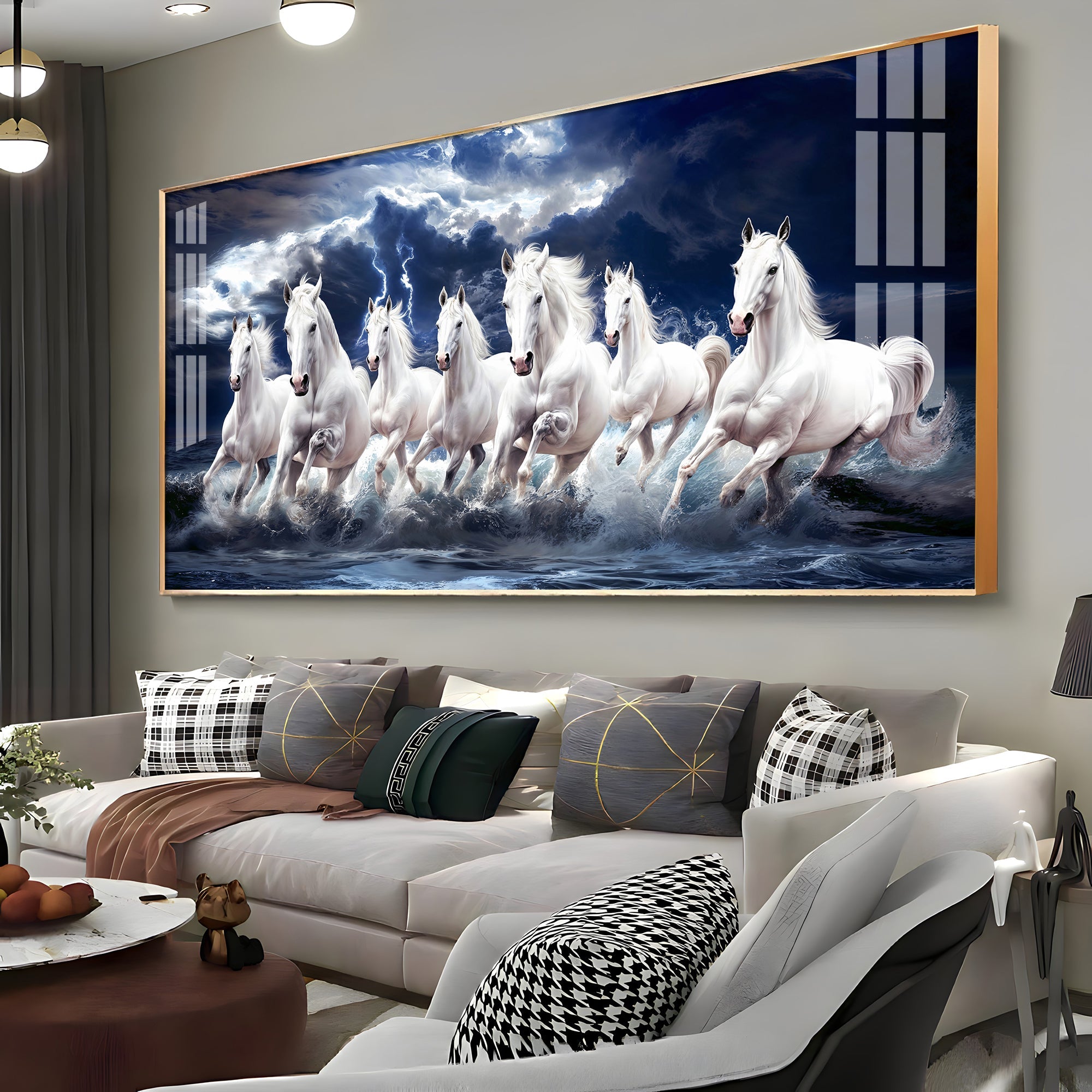 Seven White Horses Gallop In the Sea Premium Acrylic Horizontal Wall Art - The Next Decor