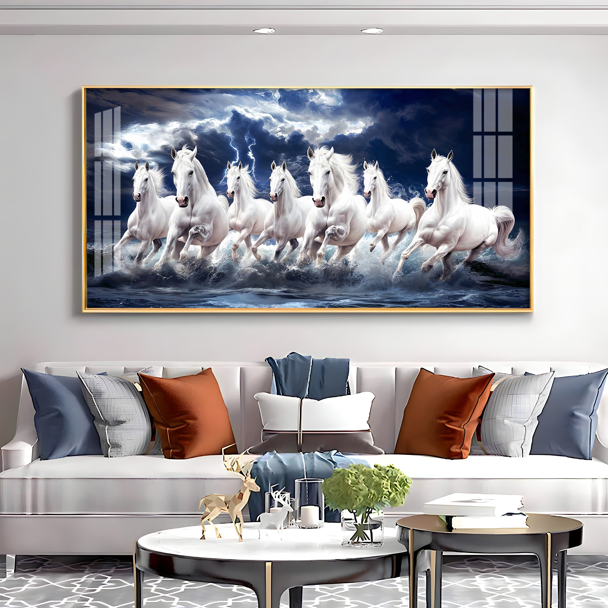Seven White Horses Gallop In the Sea Premium Acrylic Horizontal Wall Art - The Next Decor