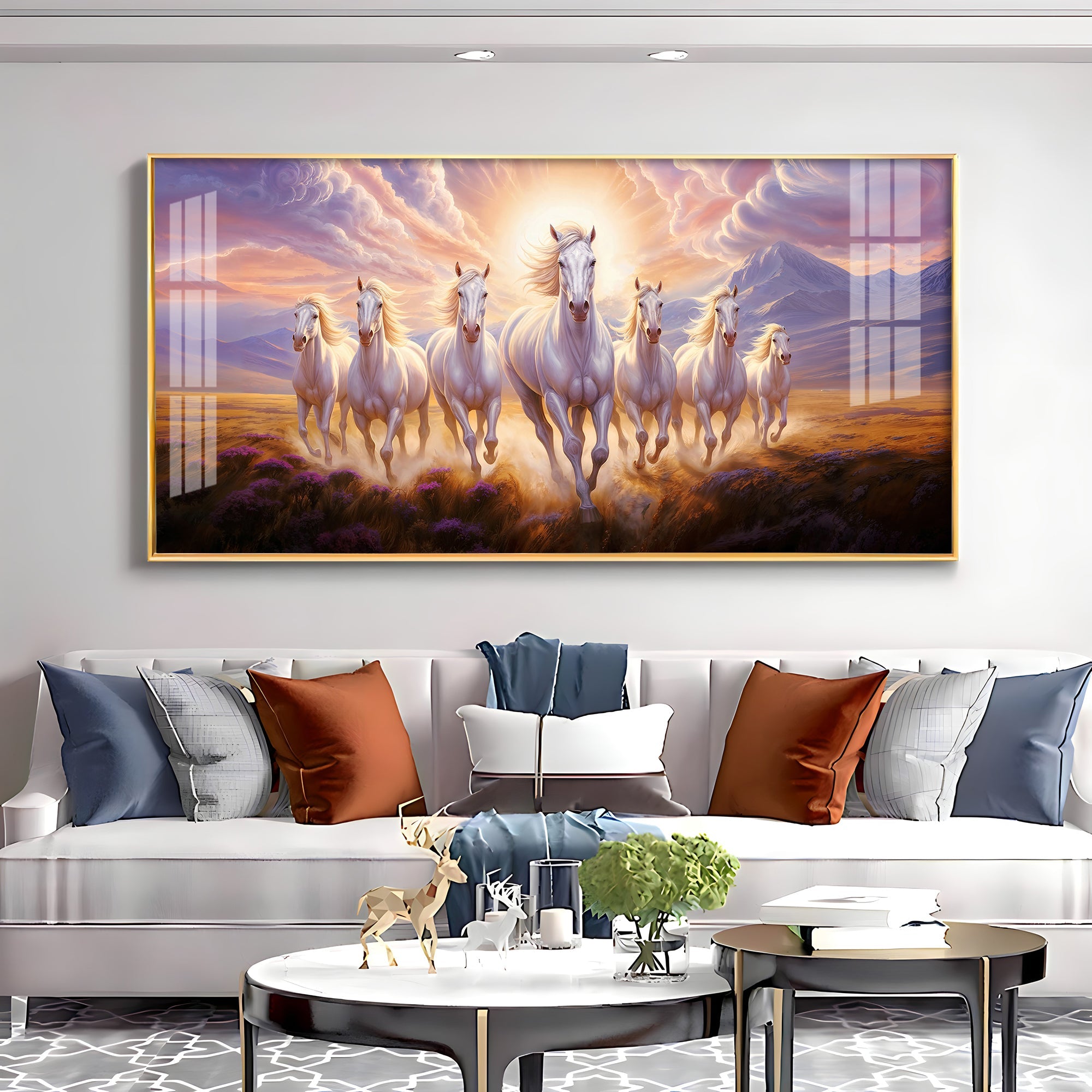 Seven White Running Horses Premium Acrylic Horizontal Wall Art - The Next Decor