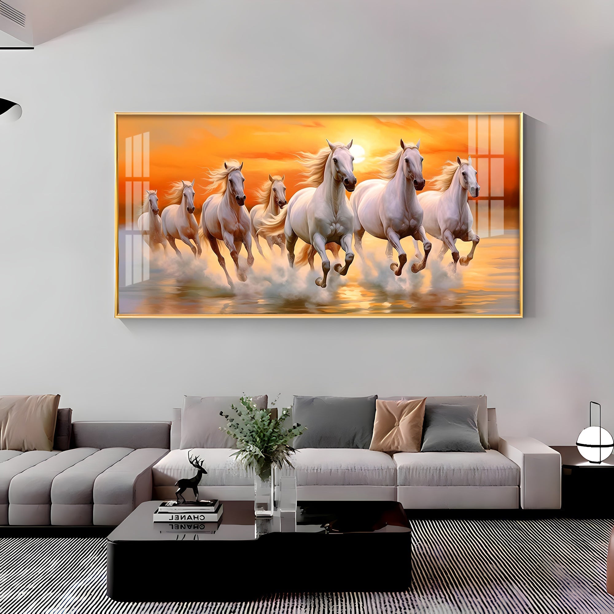 Seven White Running Horses With Sunrise Premium Acrylic Horizontal Wall Art - The Next Decor