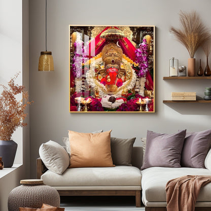 Shree Siddhivinayak Ganapati Premium Acrylic Square Wall Art - 30X30 inches / Gold