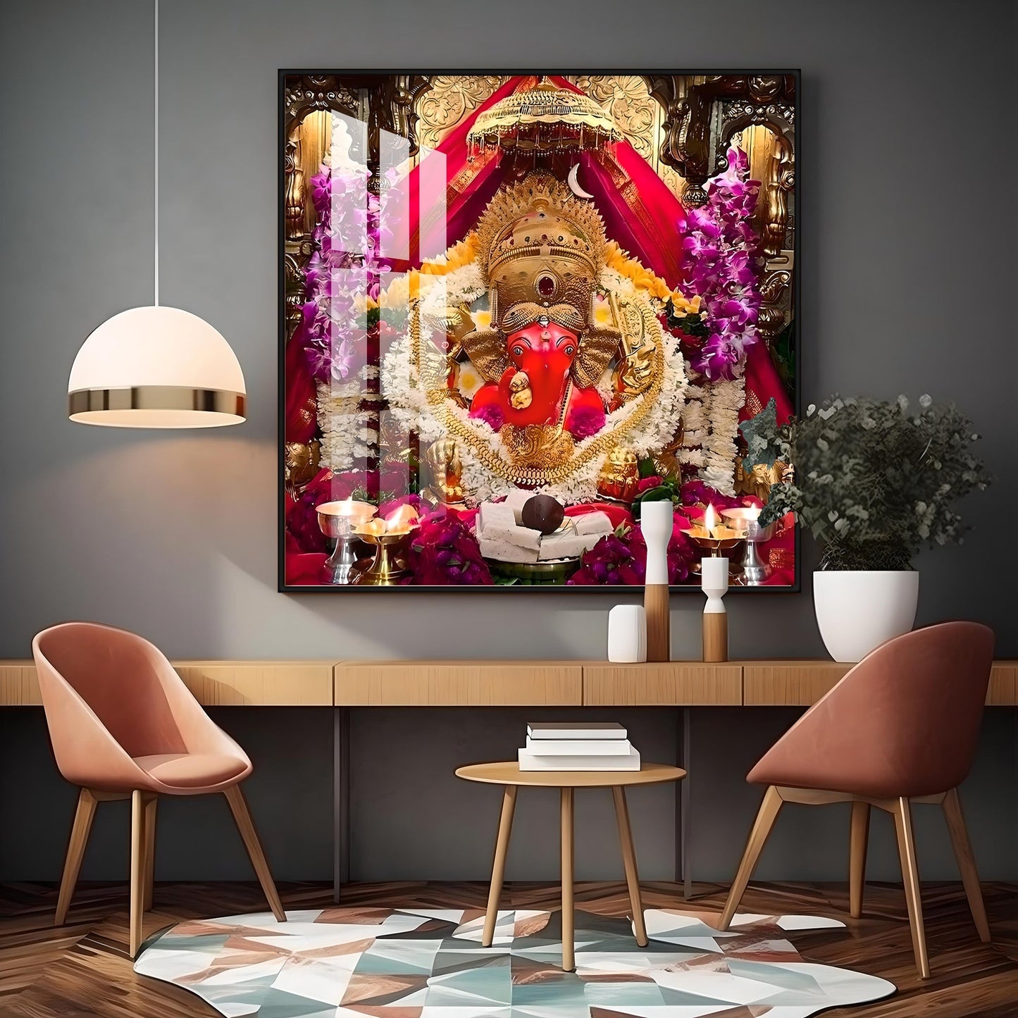 Shree Siddhivinayak Ganapati Premium Acrylic Square Wall Art - 30X30 inches / Gold