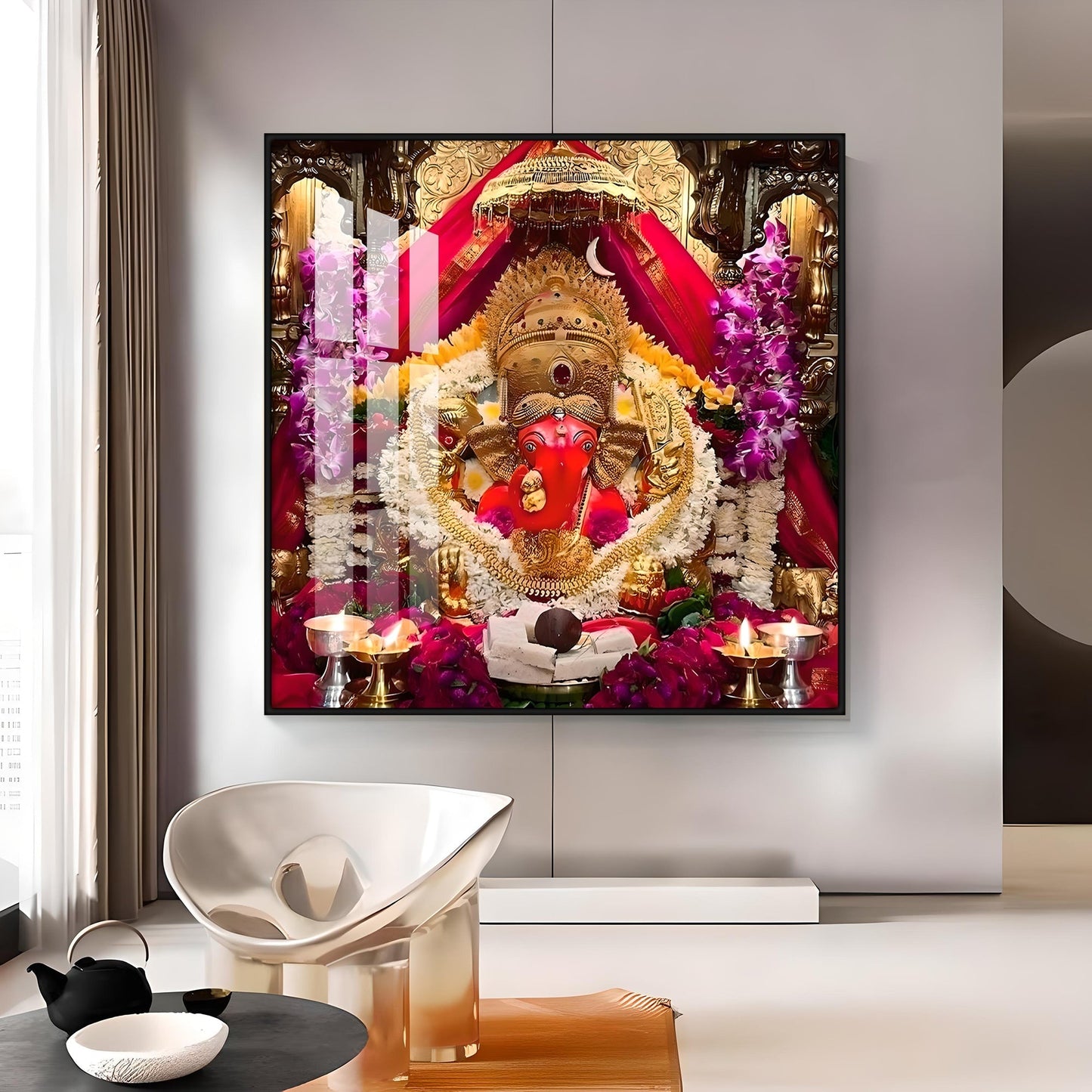 Shree Siddhivinayak Ganapati Premium Acrylic Square Wall Art - 30X30 inches / Gold