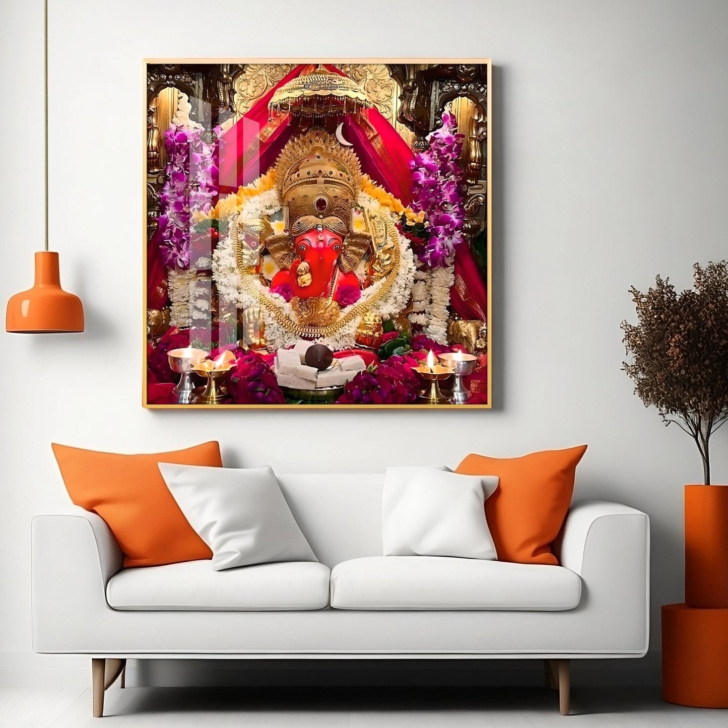 Shree Siddhivinayak Ganapati Premium Acrylic Square Wall Art - 30X30 inches / Gold
