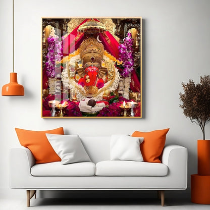 Shree Siddhivinayak Ganapati Premium Acrylic Square Wall Art - 30X30 inches / Gold
