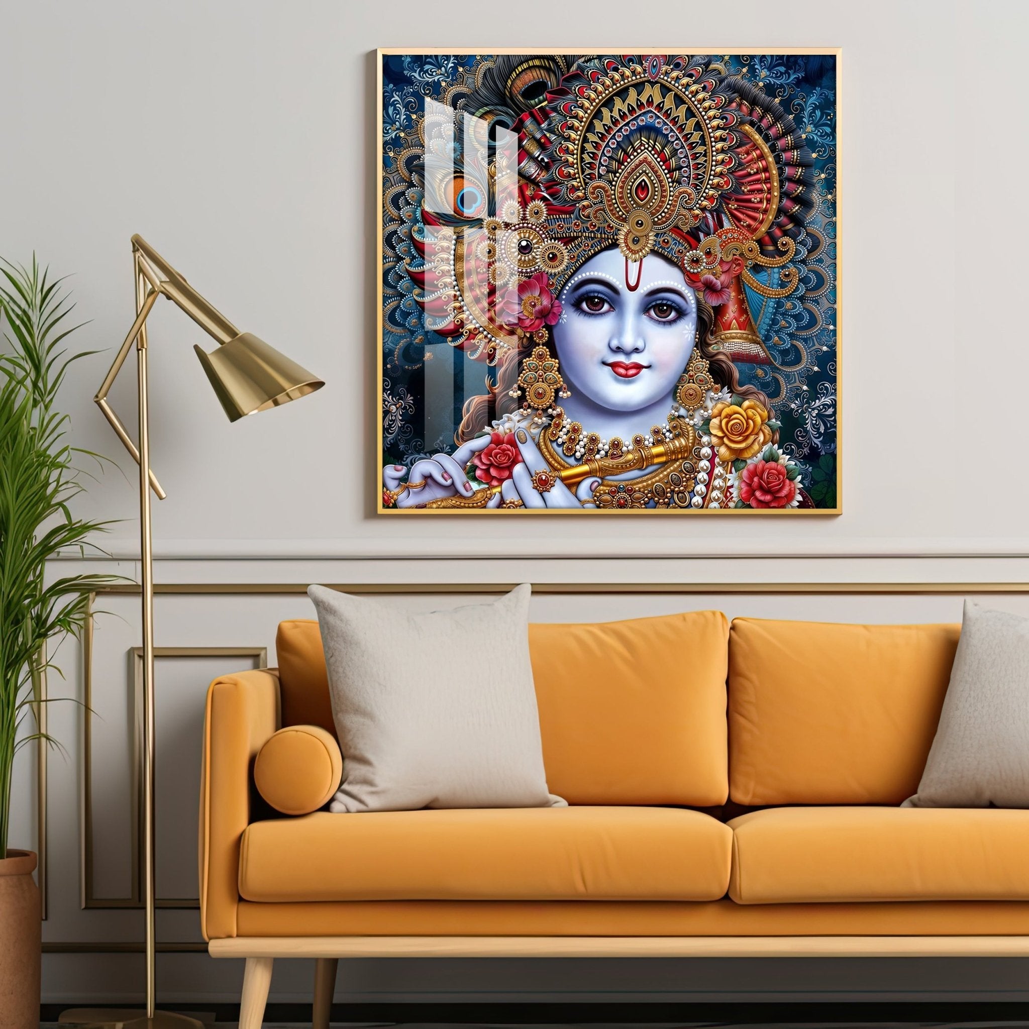 Shri Krishna With Bansuri Premium Acrylic Square Wall Art - The Next Decor