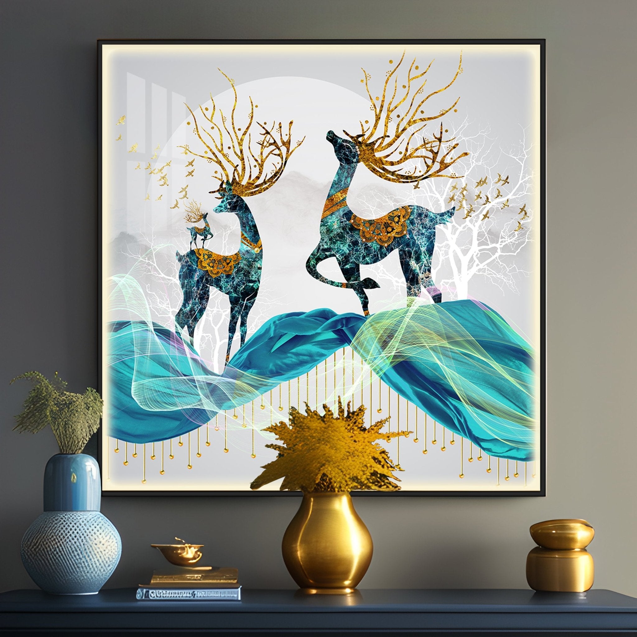 Two Beautiful Blue Deers Luxury Crystal Square Wall Art - The Next Decor