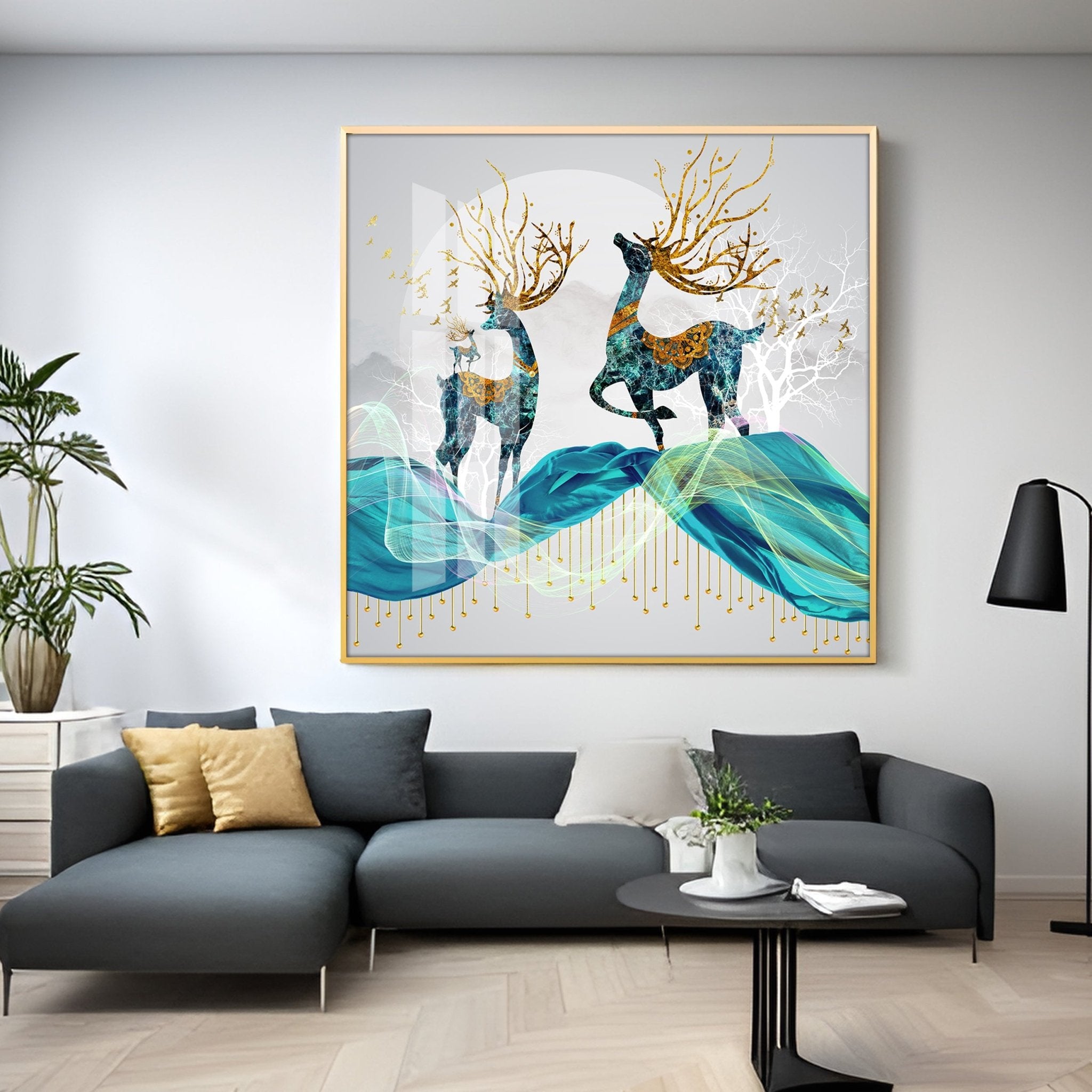 Two Beautiful Blue Deers Luxury Crystal Square Wall Art - The Next Decor