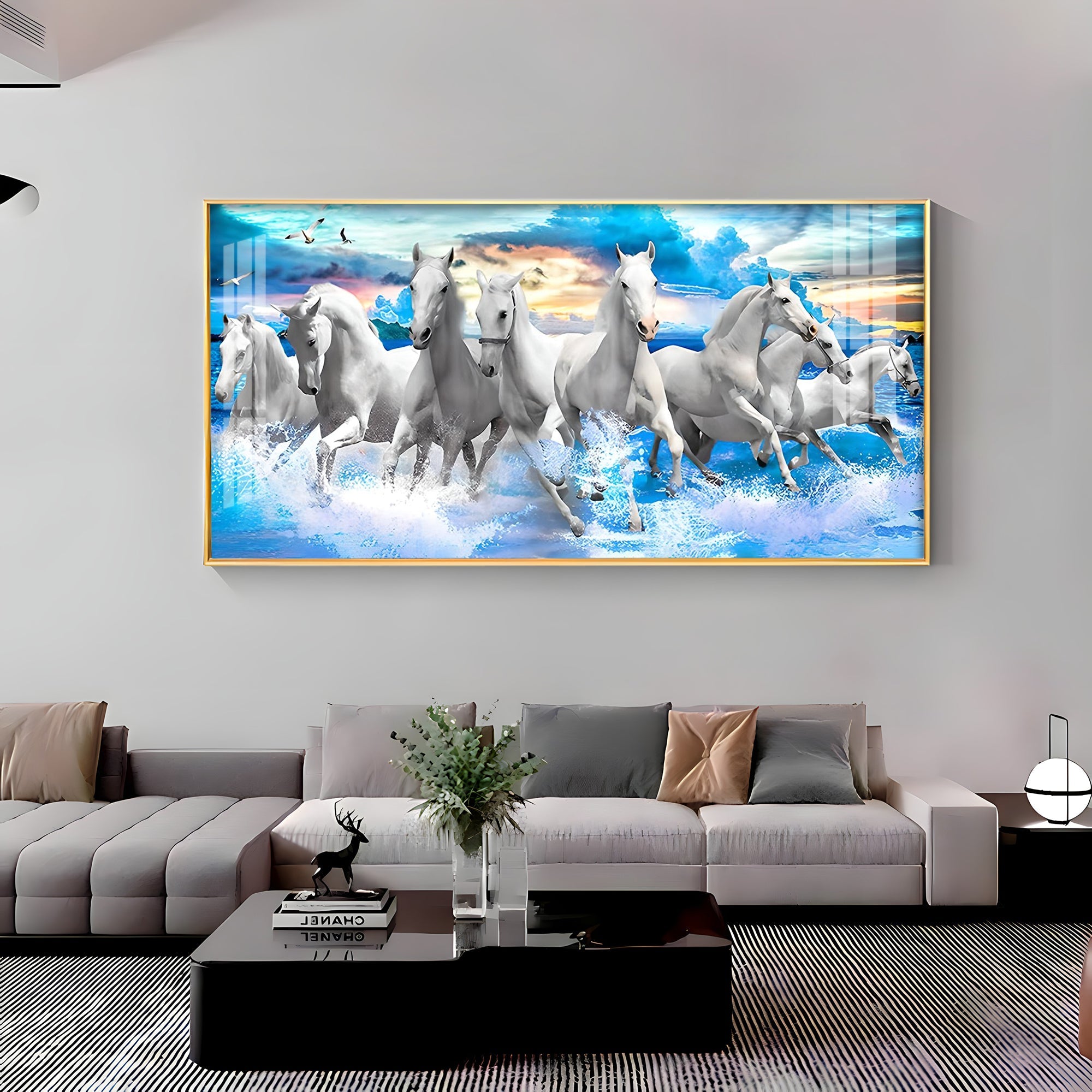 Vastu Running Horses With Sunrise Premium Acrylic Horizontal Wall Art - The Next Decor