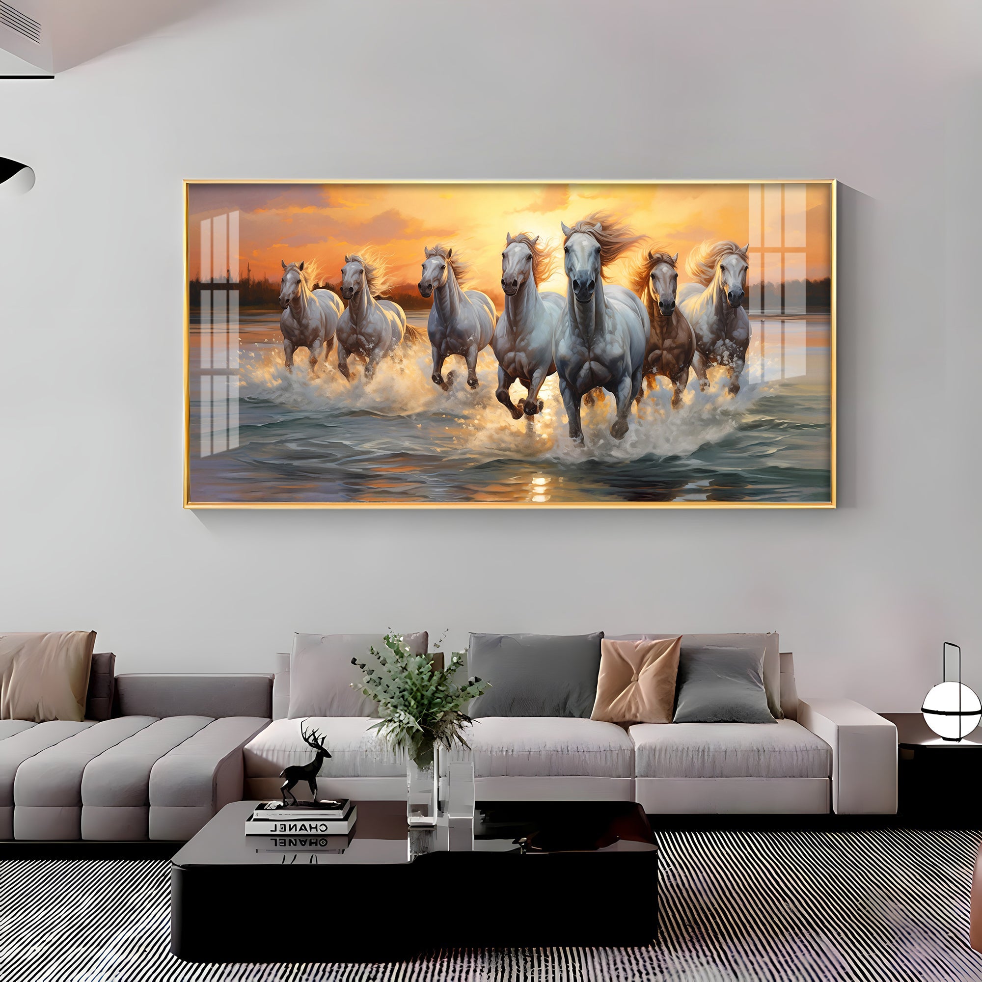 Vastu Seven Running Horses With Sunrise Premium Acrylic Horizontal Wall Art - The Next Decor