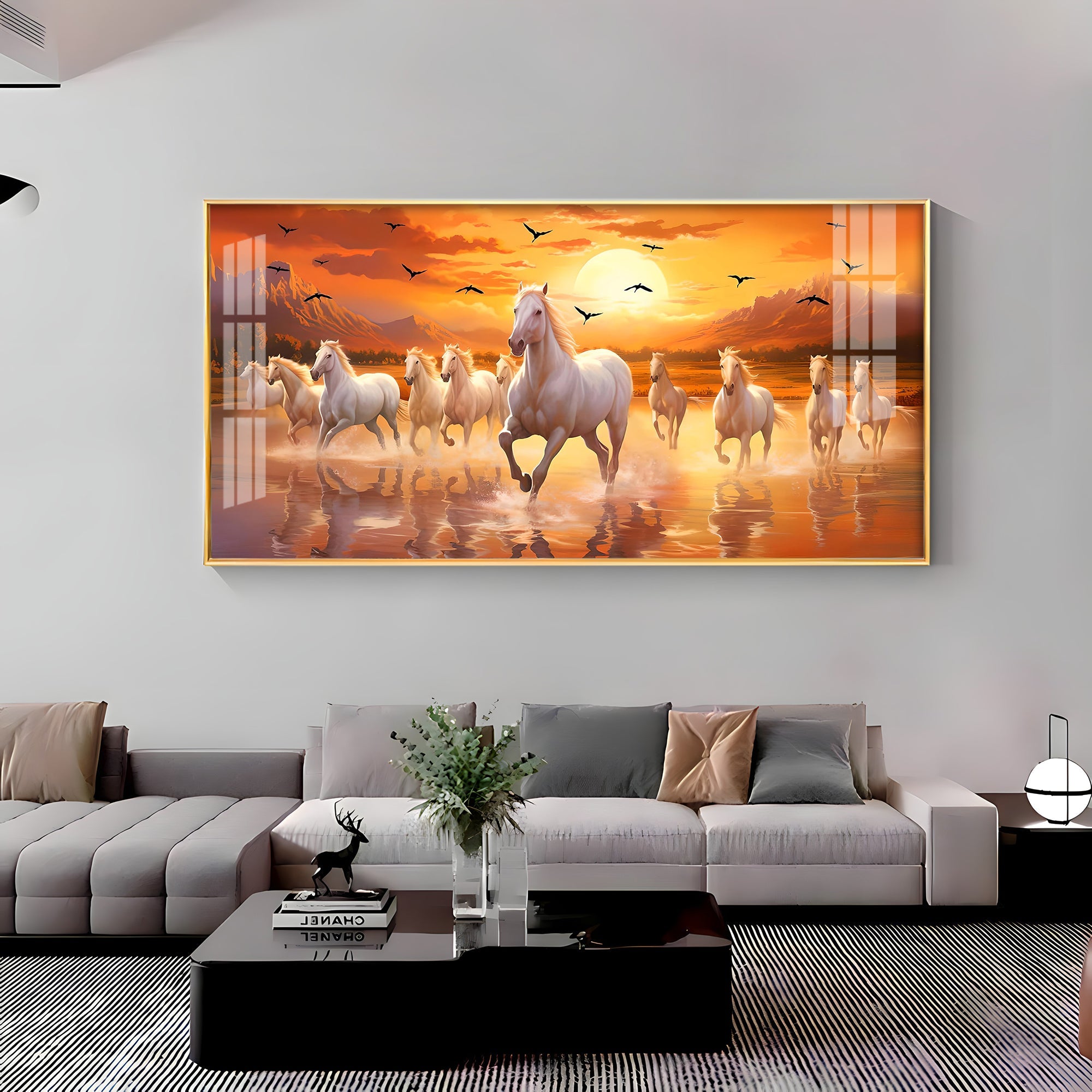 White Running Horses With Sunrise Premium Acrylic Horizontal Wall Art - The Next Decor