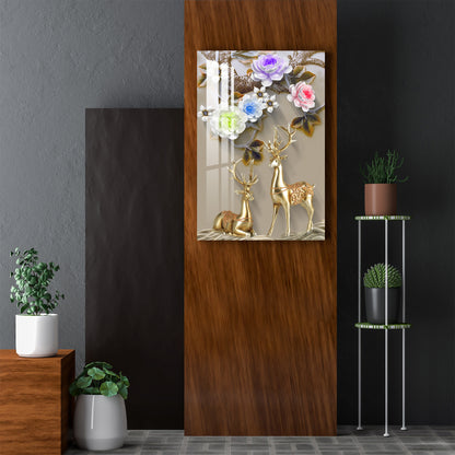 Golden Deers with Colourful Flowers Acrylic Wall Art