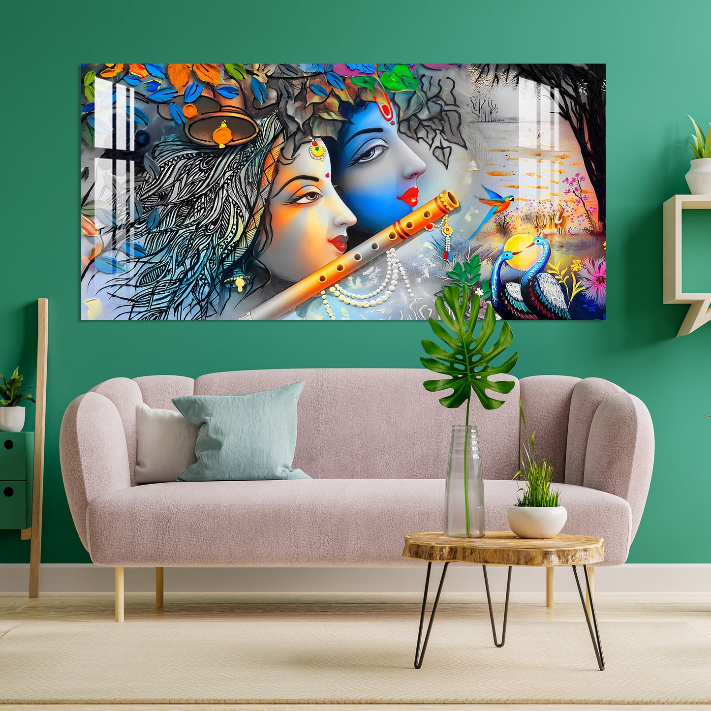 Radha Krishna with Flowers & Flute Acrylic Wall Art