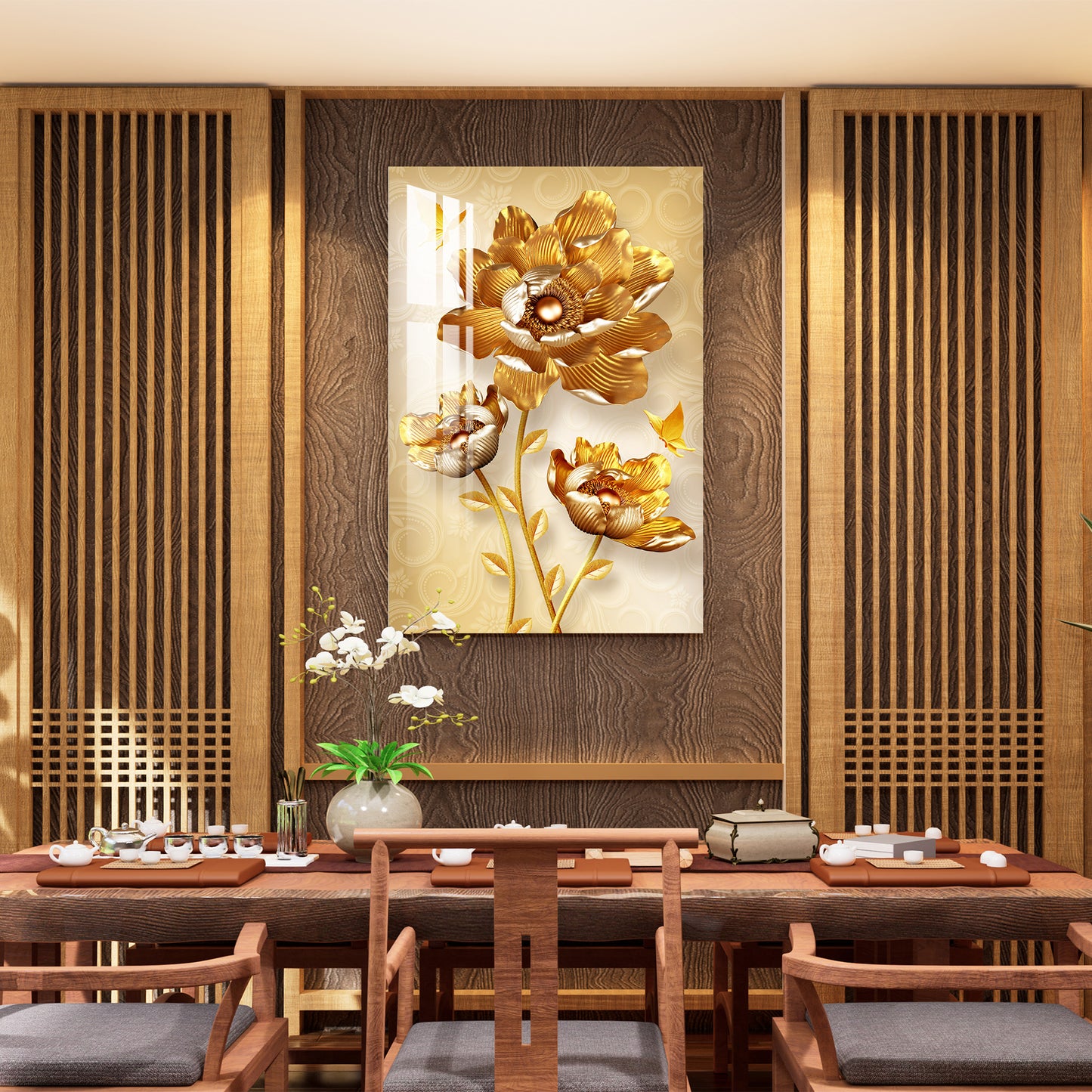 Attractive Golden Flowers Acrylic Wall Art