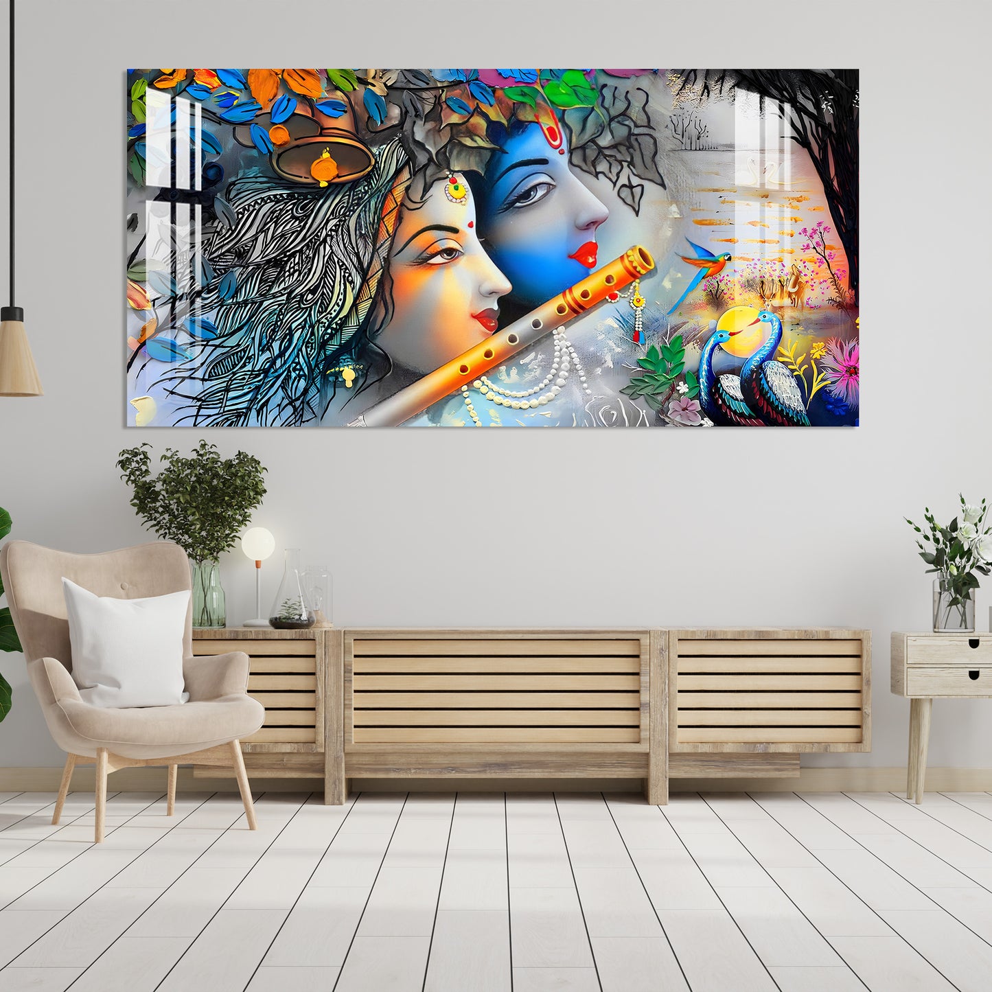 Radha Krishna with Flowers & Flute Acrylic Wall Art