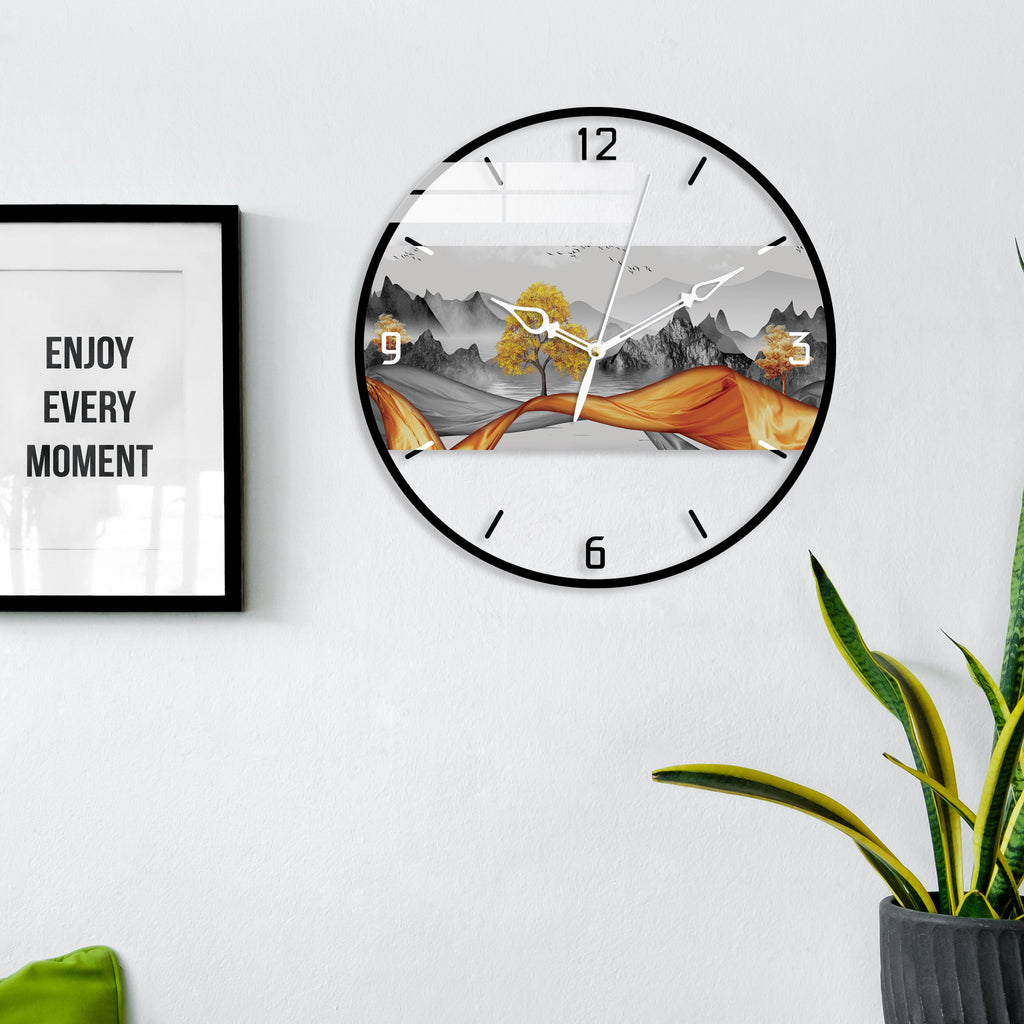 Black & White Scenery with Golden Touch Printed Acrylic Wall Clock