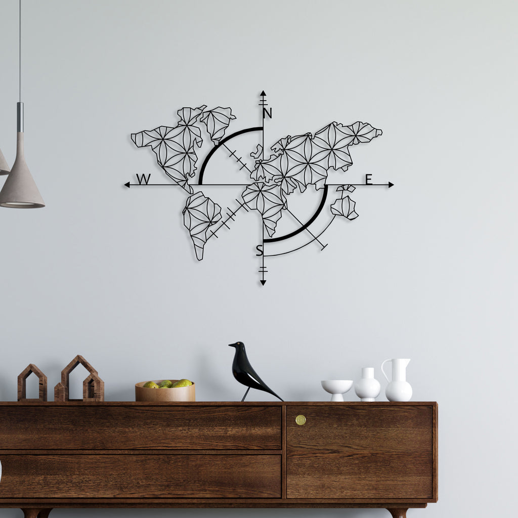 World Map With Direction Metal Wall Art