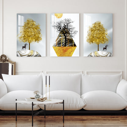 Black & Golden Trees with Sun Acrylic Wall Art (Set of 3)