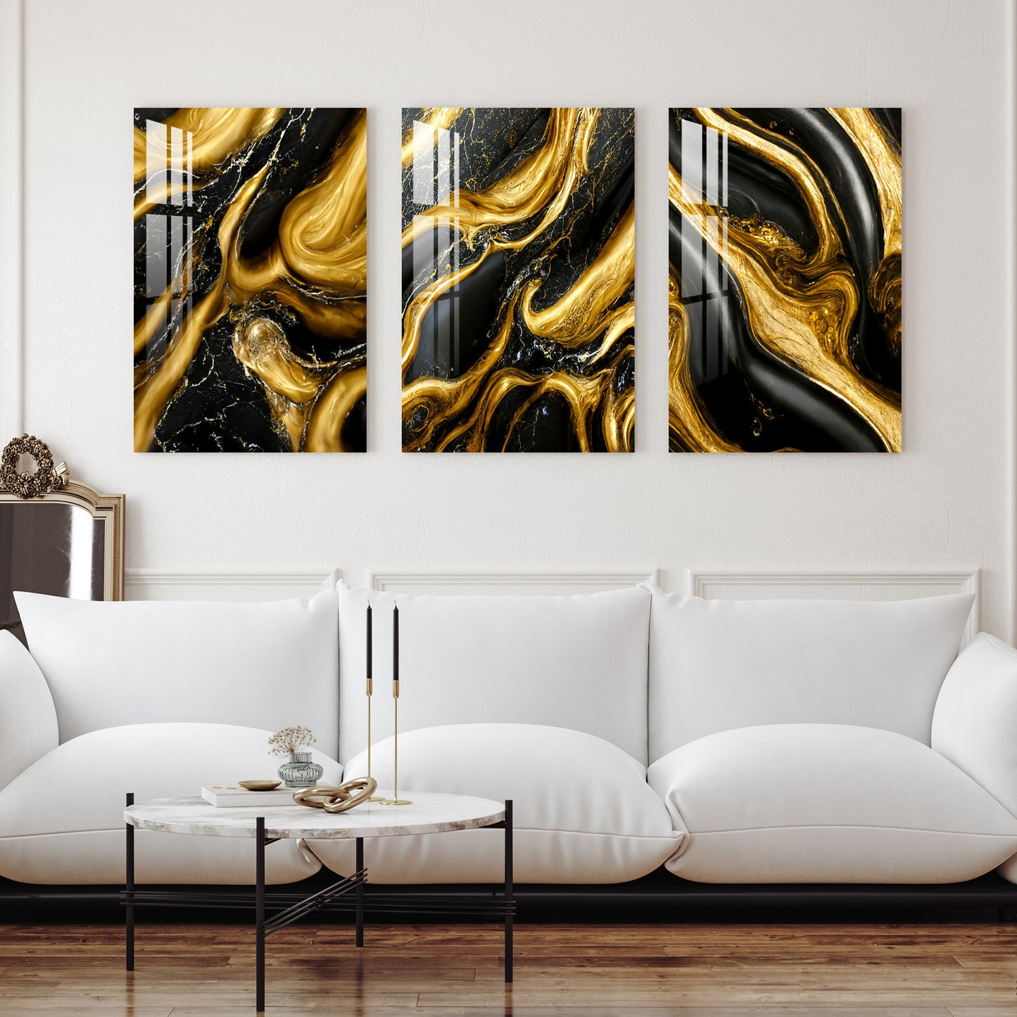 Black & Golden Liquid Marble Acrylic Wall Art (Set of 3)