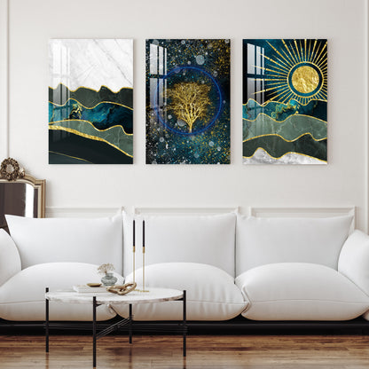 Turquoise Marble Golden Trees Acrylic Wall Art (Set of 3)