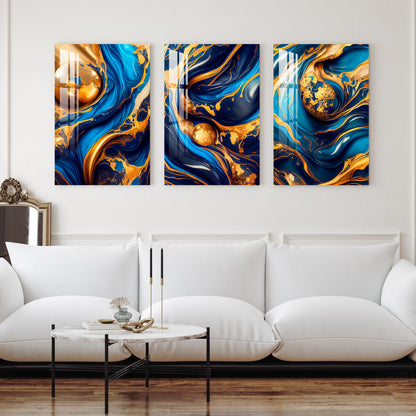 Swirling Blue Golden Ink Acrylic Wall Art (Set of 3)