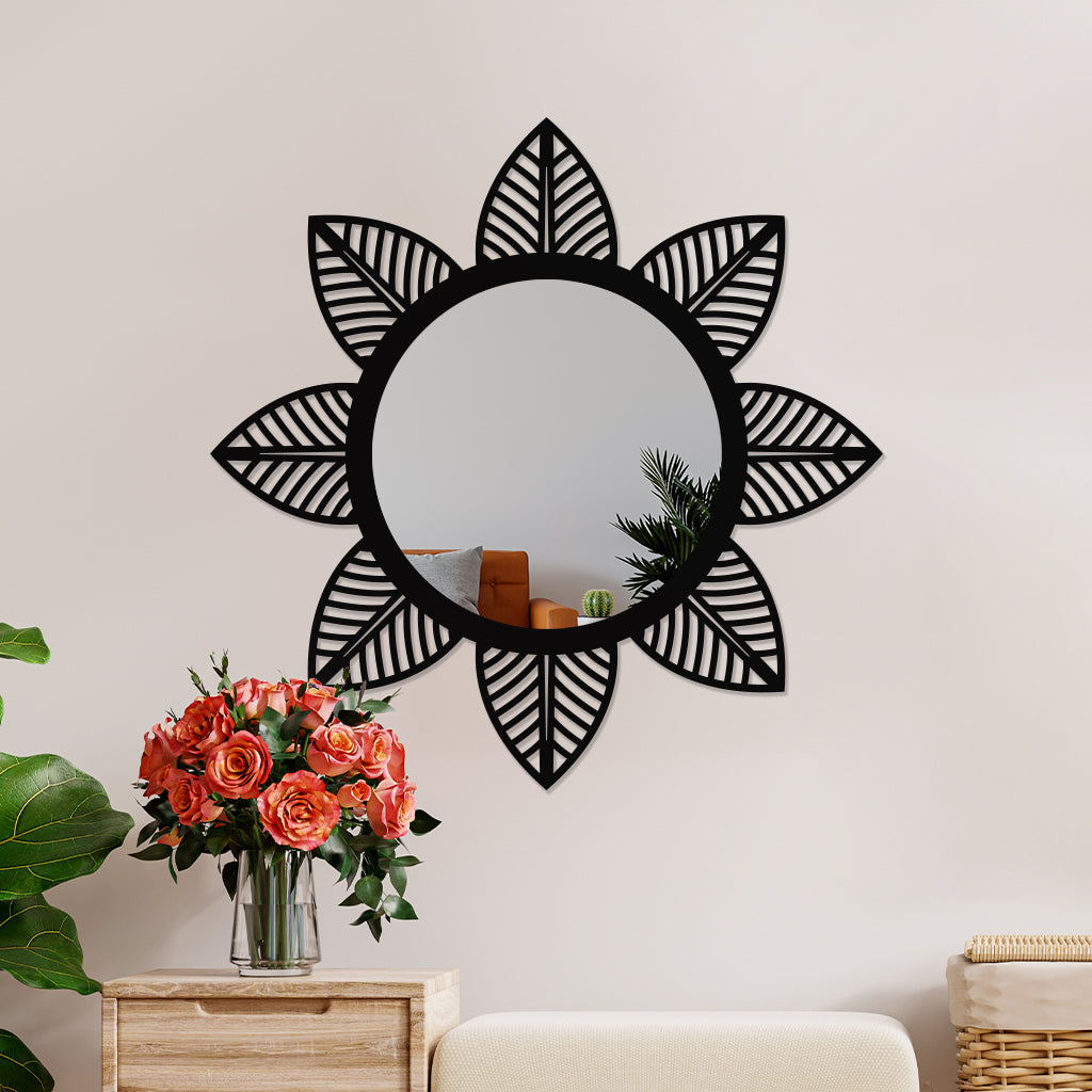 Round Metal Wall Mirror With Leaf