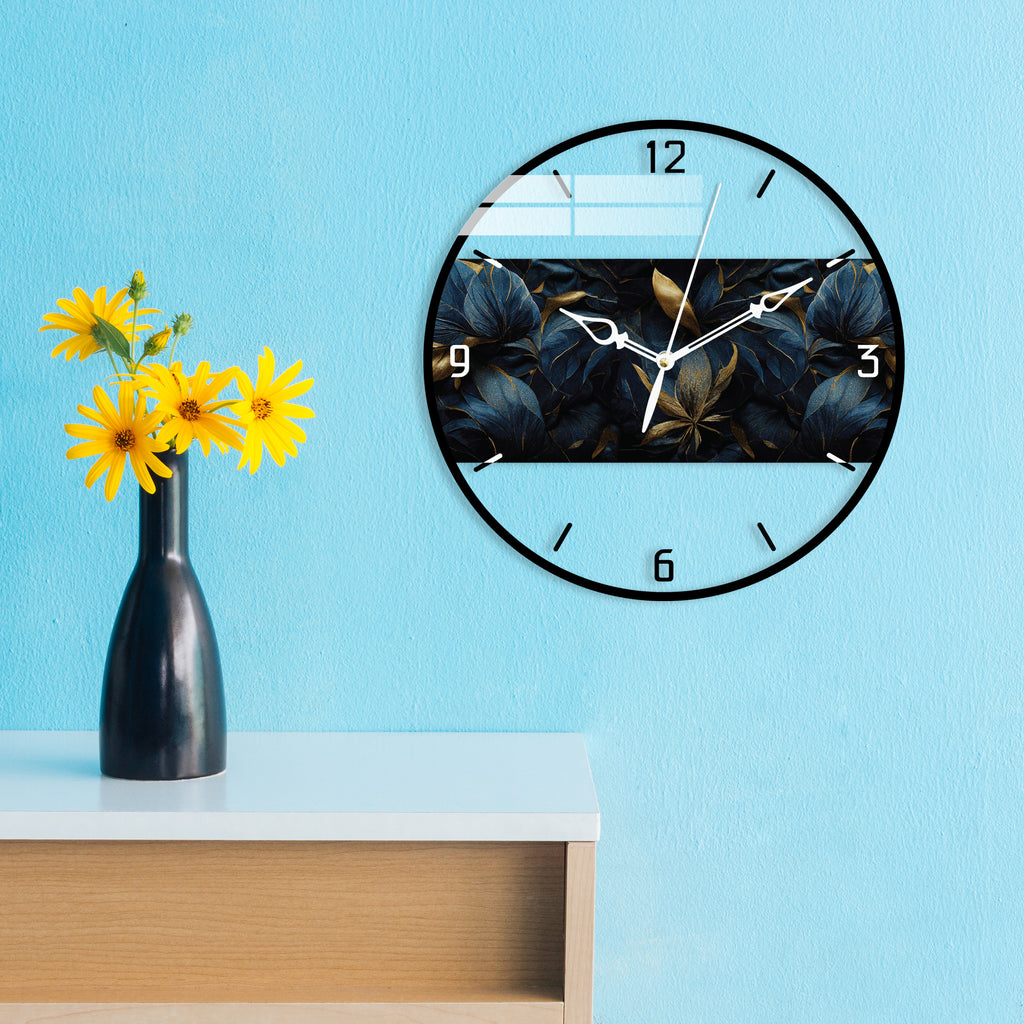 Bluish Leaves with Golden Touch Printed Acrylic Wall Clock