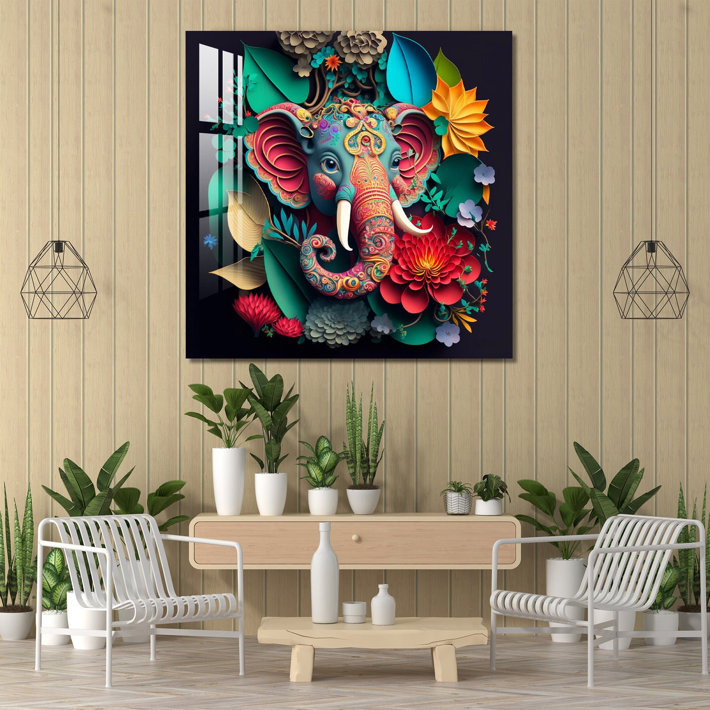 Ganpati with Leaves & Flower Acrylic Wall Art