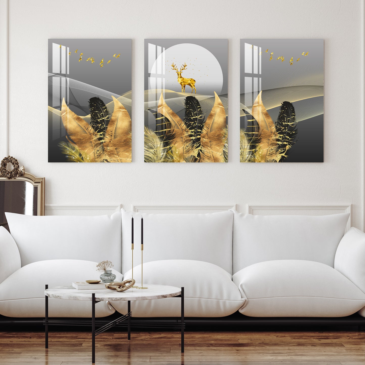 Golden & Black Feathers with Deer Acrylic Wall Art (Set of 3)