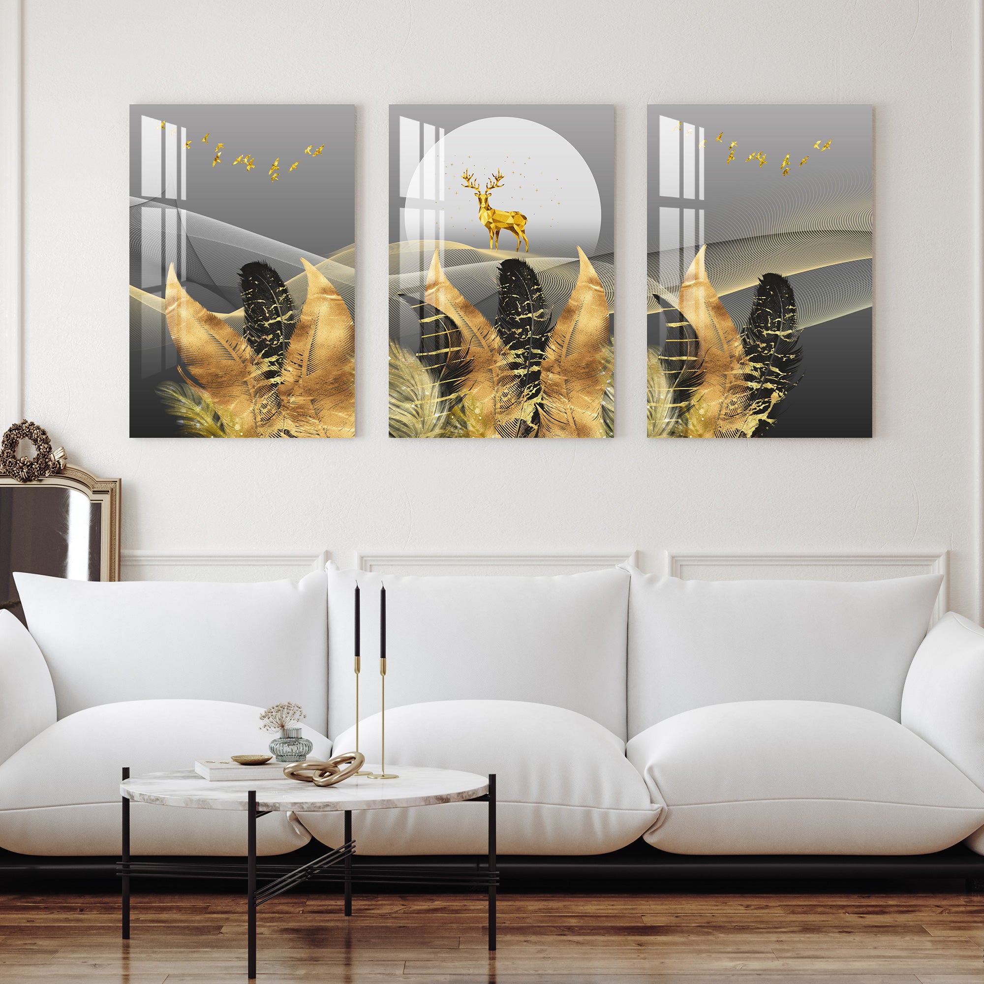 Golden & Black Feathers with Deer Acrylic Wall Art (Set of 3)