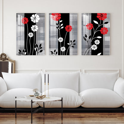 Red & White Flowers Acrylic Wall Art (Set of 3)