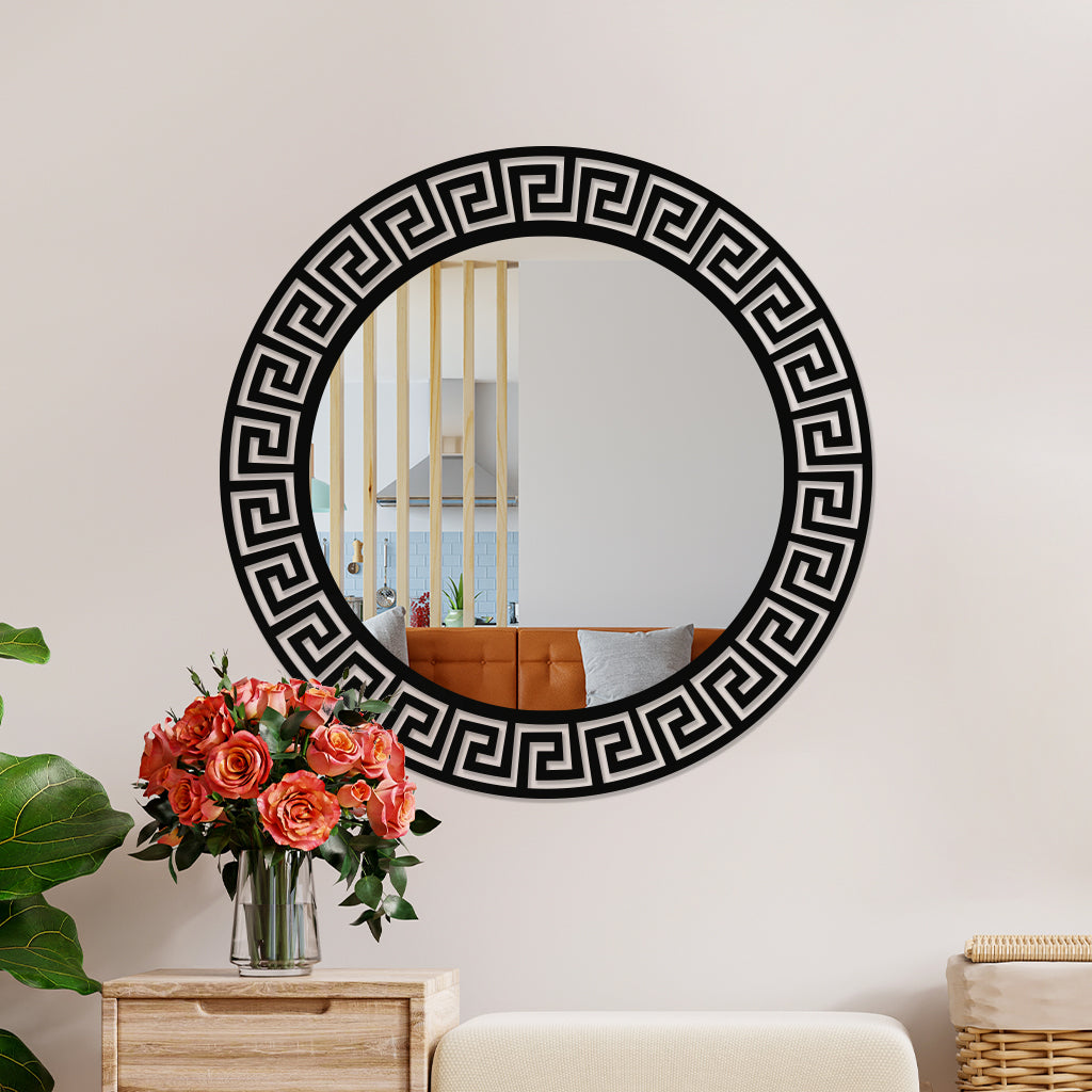 Greek Key Round Metal Wall Mirror