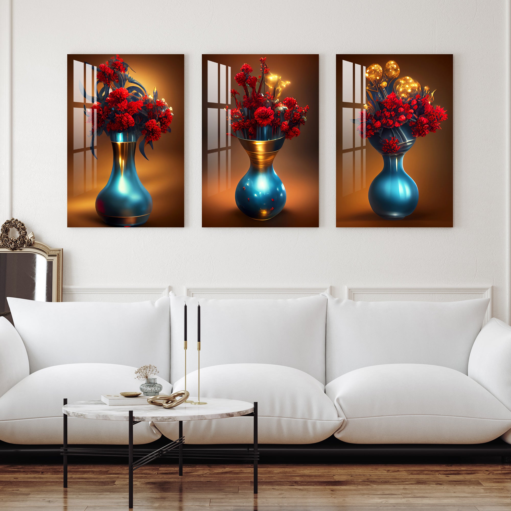 Turquoise Vase with Red Flowers Acrylic Wall Art (Set of 3)