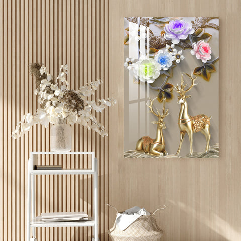 Golden Deers with Colourful Flowers Acrylic Wall Art - 23.5X16 inches / 3MM