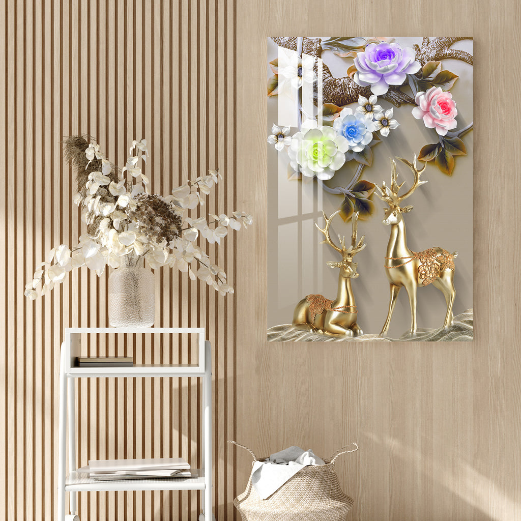 Golden Deers with Colourful Flowers Acrylic Wall Art