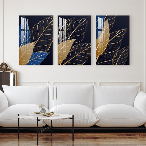 Blue, Golden & Black Leaf Acrylic Wall Art (Set of 3)