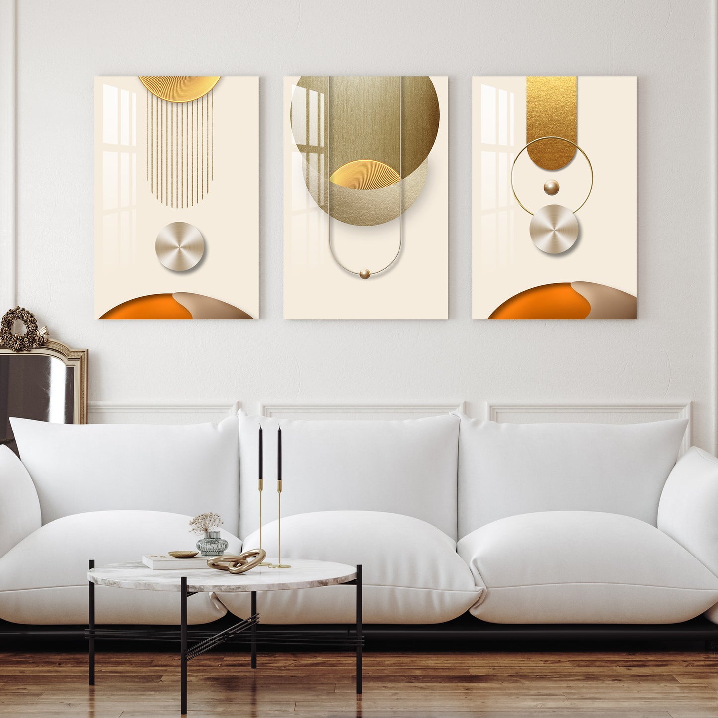 Golden Lines & Spheres Acrylic Wall Art (Set of 3)