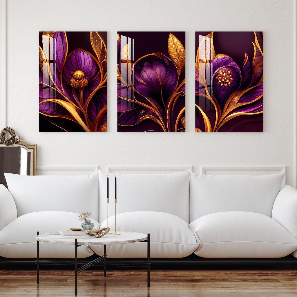 Purple Flowers with Golden Leaves Acrylic Wall Art (Set of 3)