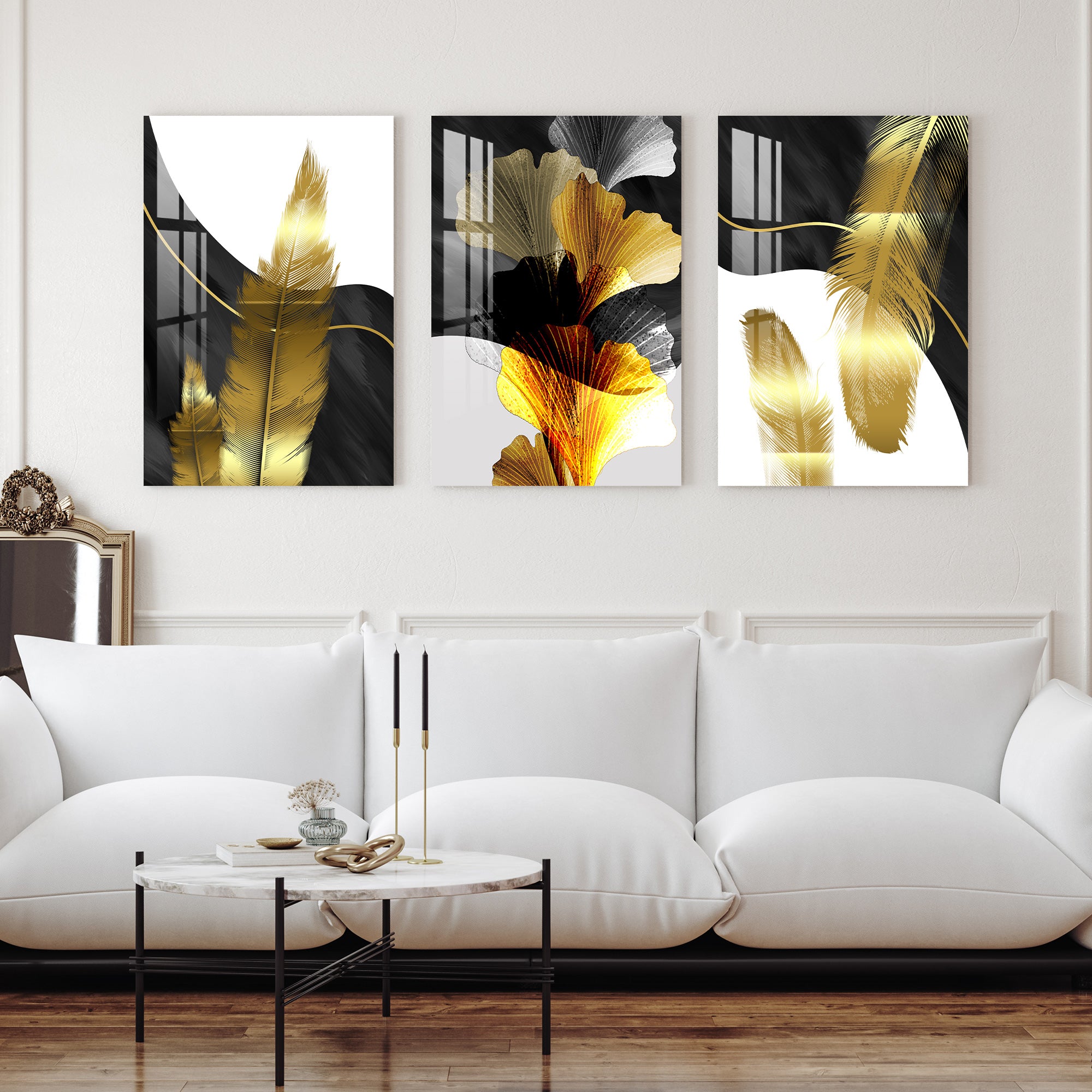 Golden Feathers Acrylic Wall Art (Set of 3)